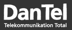Logo DanTel Telekommunikation Total auf schwarzem Hintergrund weiße Buchstaben
