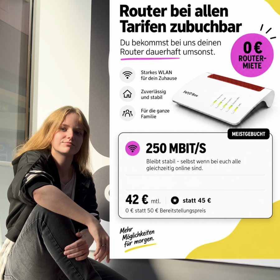 Person im DanTel Shop vor Congstar-Werbung zum Zuhause-Internet mit Router und 250 Mbit/s Angebot
